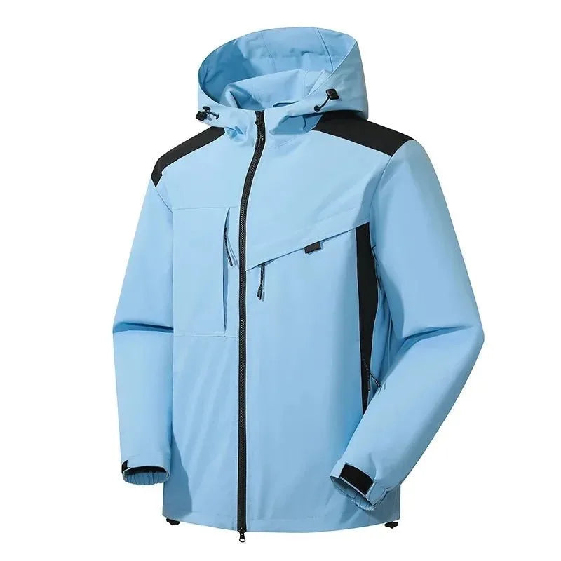 Sky blue and black jacket with contrast panelling and zip closure, front view