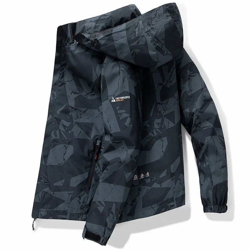 Dark grey abstract camouflage hooded jacket folded to show hood, cuffs and inner zip pocket