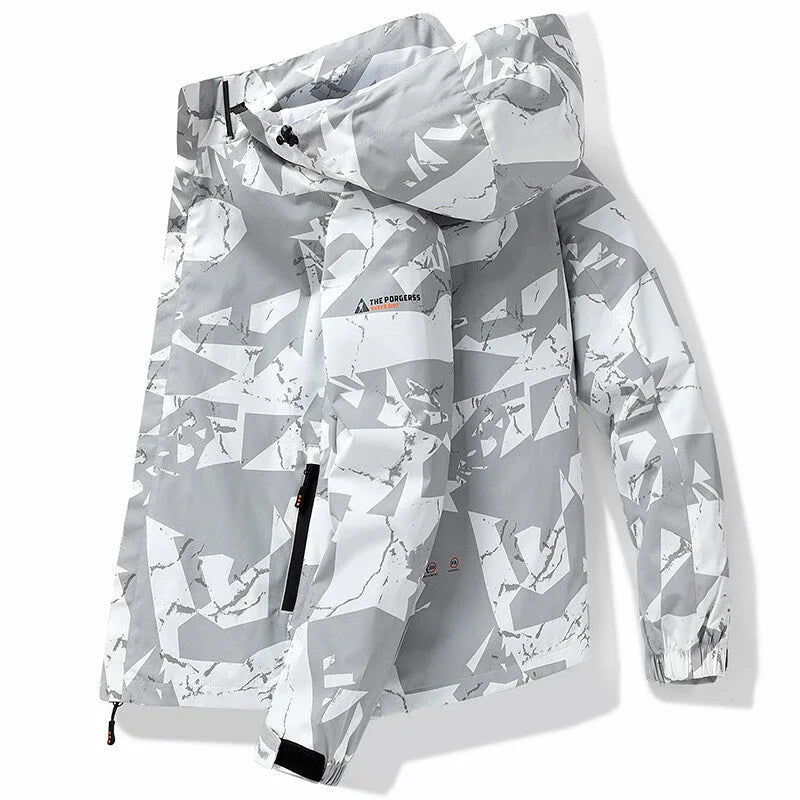 White and grey geometric print hooded jacket with drawstring hood and zipped side pocket close up
