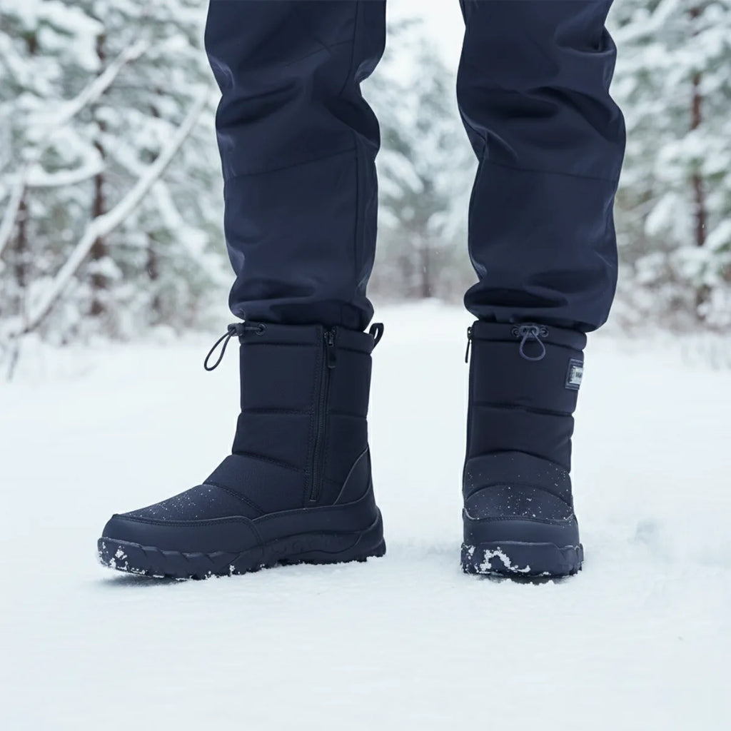 Person standing in snow wearing black insulated boots with visible snowflakes on the toe and sole