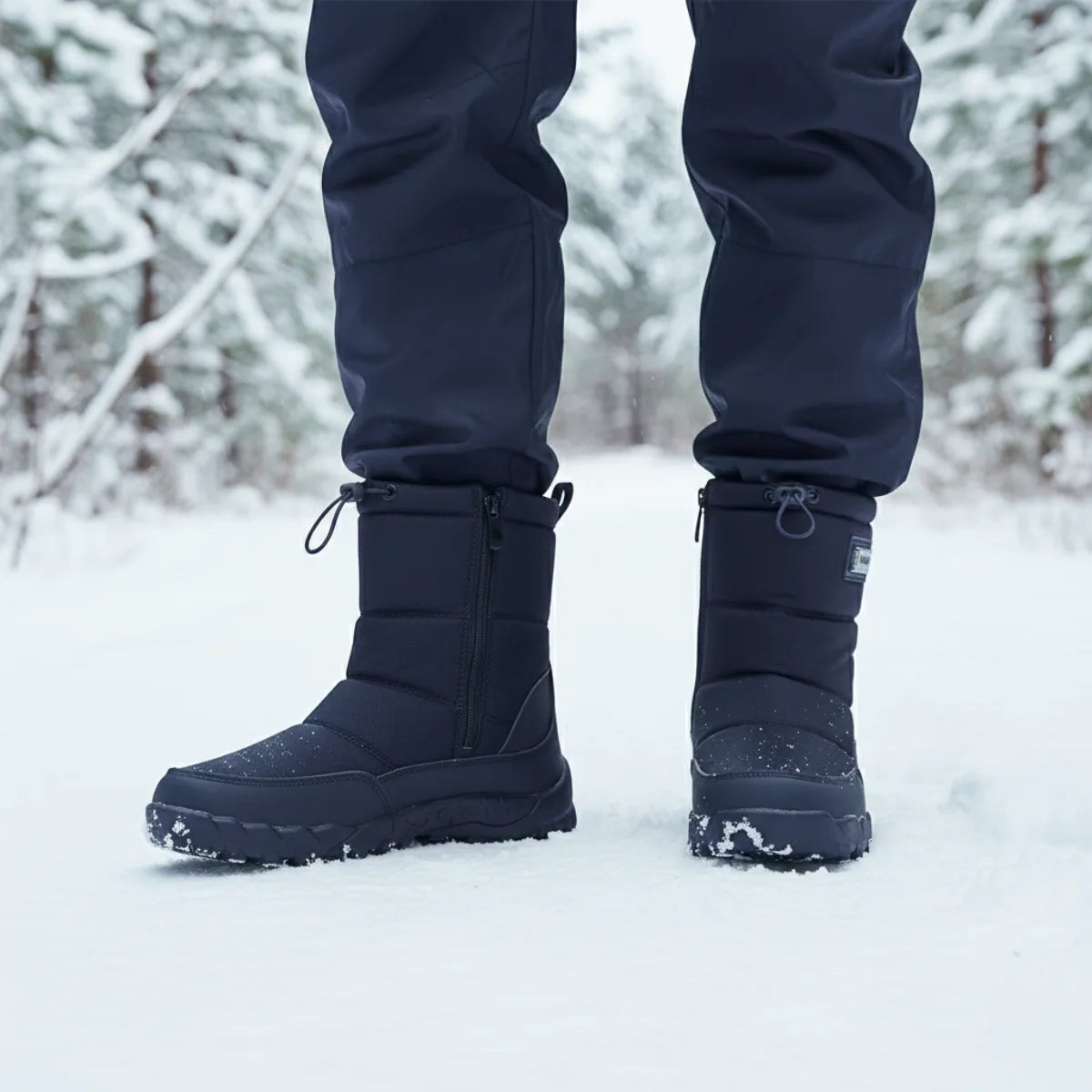 Person standing in snow wearing black insulated boots with visible snowflakes on the toe and sole