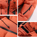 Army green parka detail showing the sleeve zip pocket with red accent trim and adjustable cuff tab