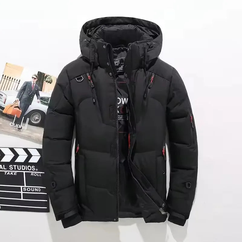 Black insulated hooded parka laid flat against a white background, front zip and chest pockets visible