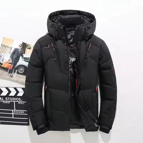Black insulated hooded parka laid flat against a white background, front zip and chest pockets visible