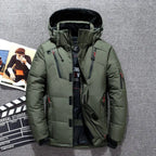 Army green hooded parka laid flat, highlighting padded sleeves and reflective zip pulls