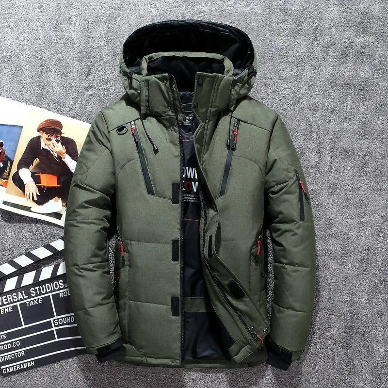 Army green hooded parka laid flat, highlighting padded sleeves and reflective zip pulls