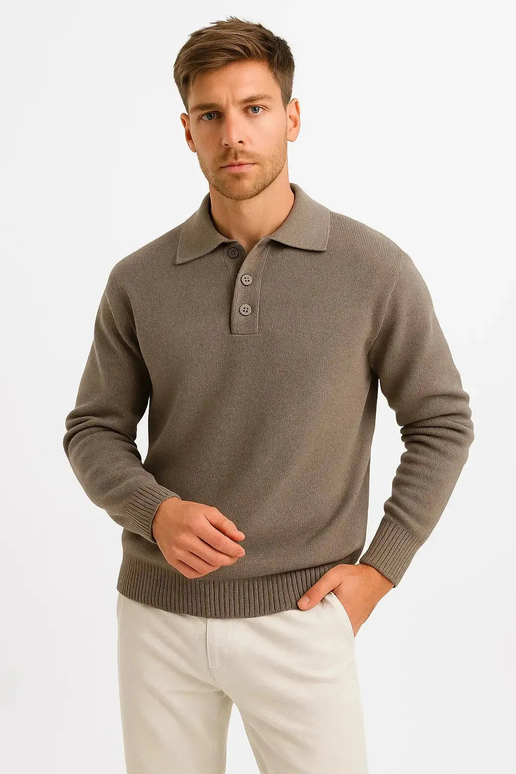 Front view of man wearing a coffee brown knit polo jumper with structured collar and three-button placket, paired with cream trousers