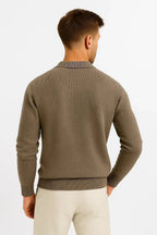 Back view of the coffee brown ribbed knit polo jumper, showing the clean back panel and ribbed cuffs