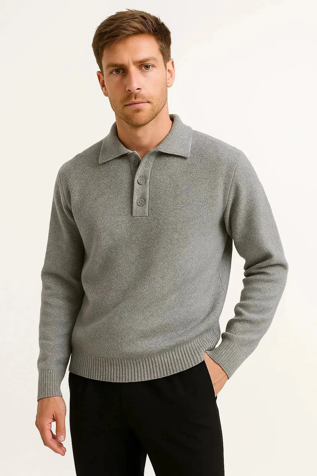 Front view of man wearing a grey heathered knit polo jumper with button collar, styled with black trousers