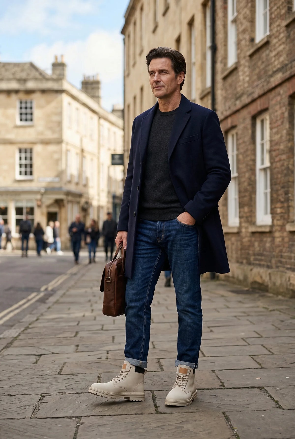 Man in a navy overcoat and jeans walking a cobbled street wearing light grey lace-up boots