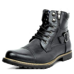 Three-quarter front view of a black lace-up combat boot with side zip, buckle strap and studded trim