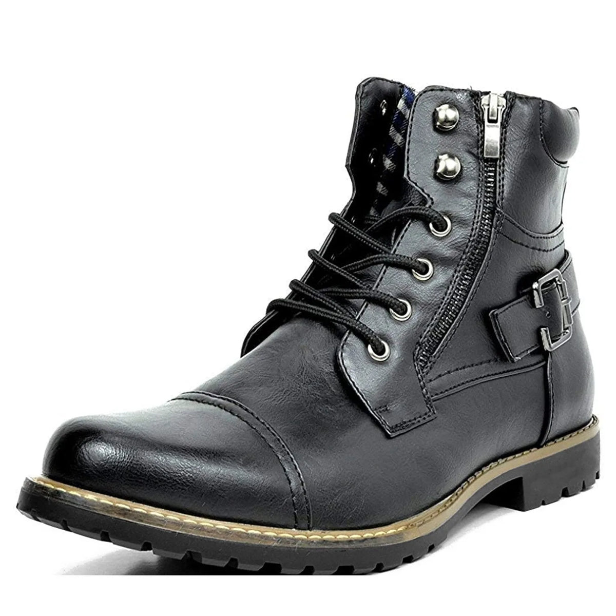 Three-quarter front view of a black lace-up combat boot with side zip, buckle strap and studded trim