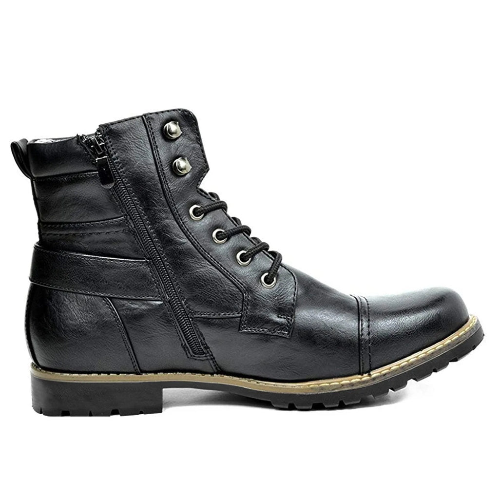 Side profile of a black lace-up boot with cap toe, side zip and stacked lug sole