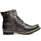 Side profile of a dark brown leather-look combat boot with lace-up front and buckle strap