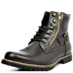 Three-quarter front view of a dark brown boot with gold-tone zip, studs and buckle detail