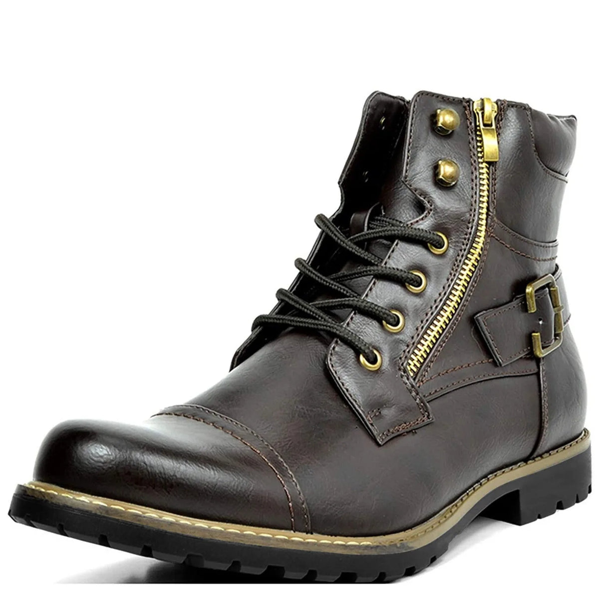 Three-quarter front view of a dark brown boot with gold-tone zip, studs and buckle detail
