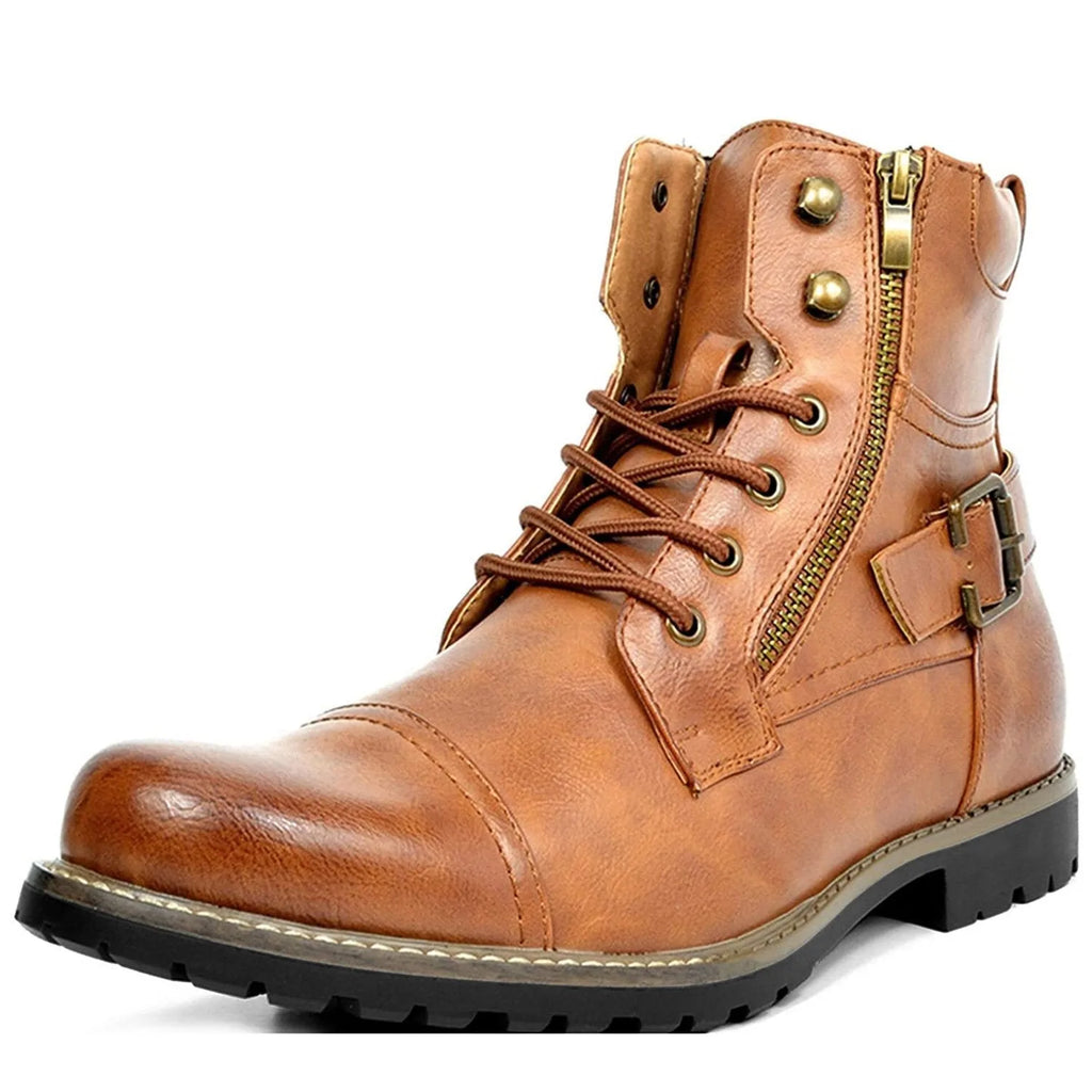 Three-quarter front view of a tan brown lace-up boot with cap toe and brass-tone hardware