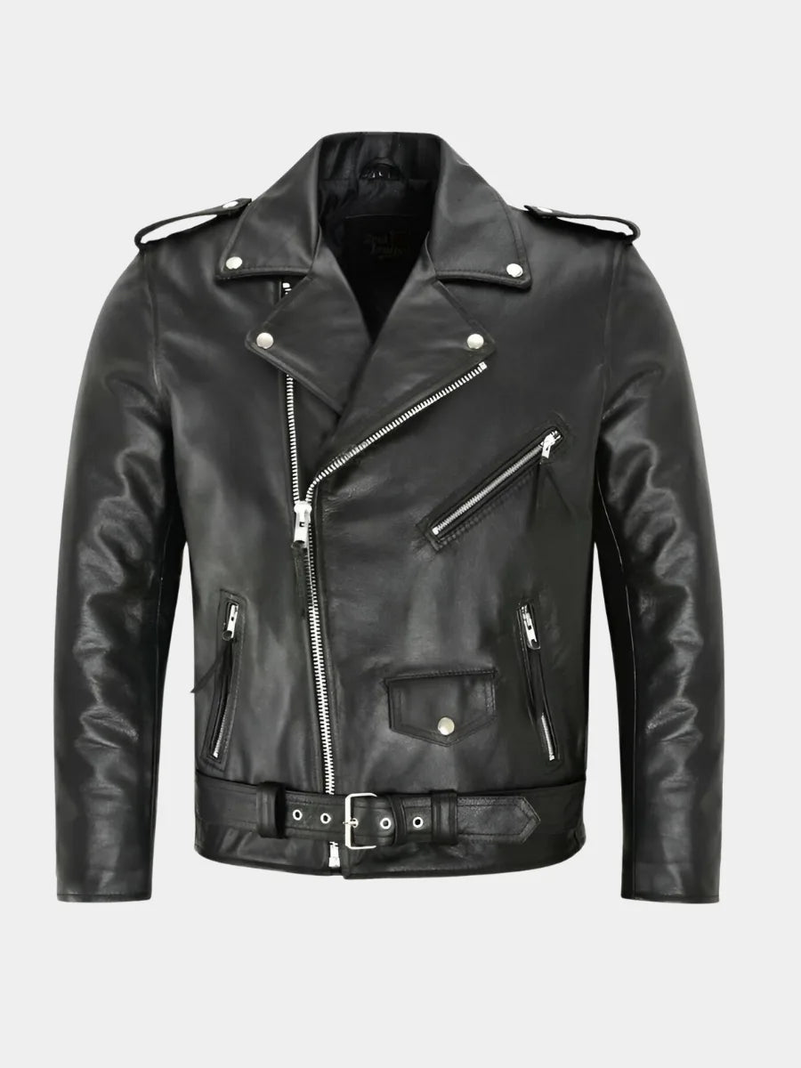 Front view of a black leather biker jacket with asymmetric zip, lapel collar and belted waist