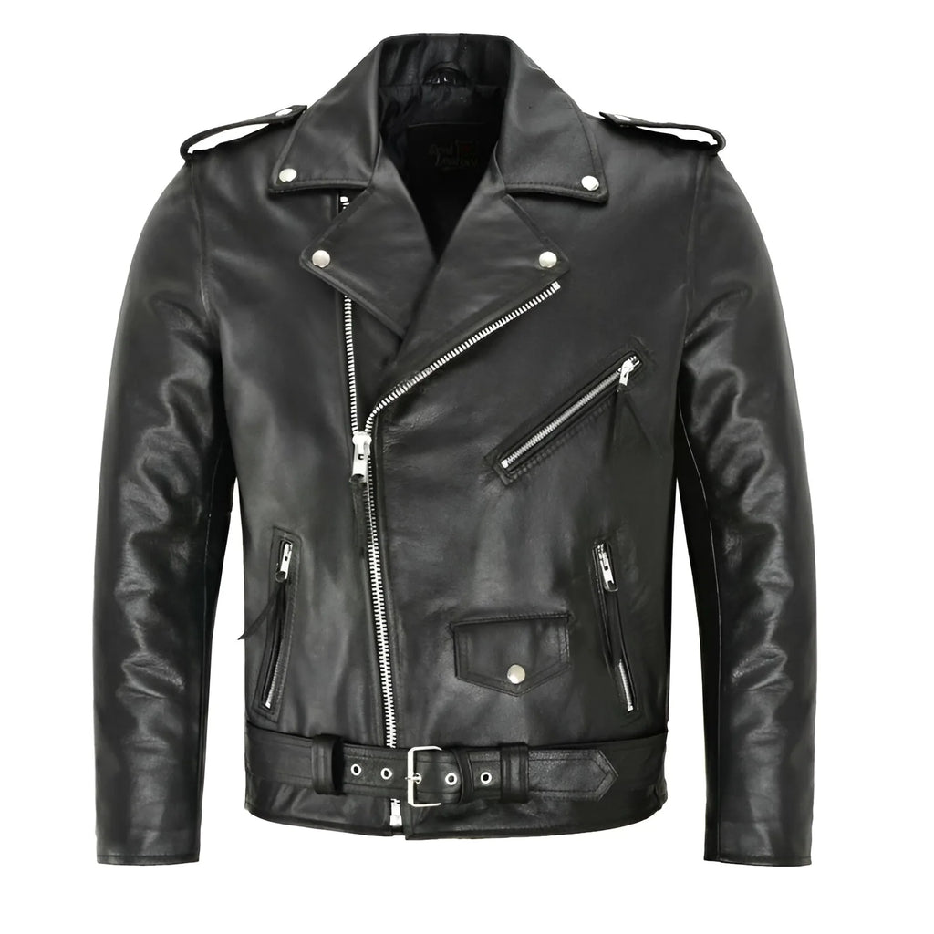 Straight-on shot of the black leather biker jacket showing silver hardware and zip pockets