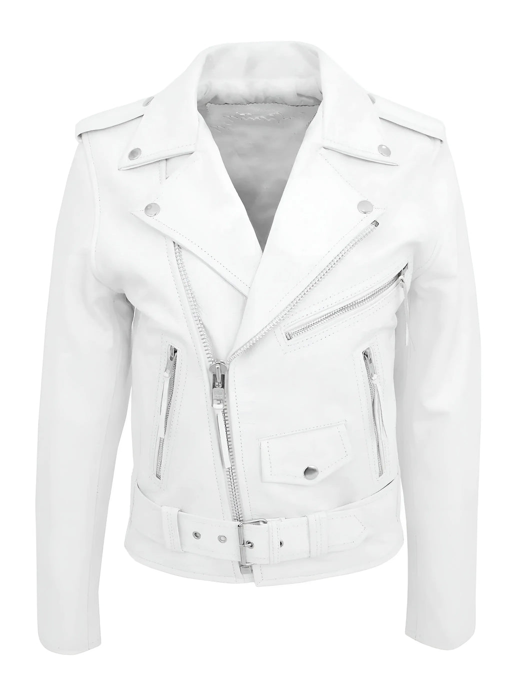 White leather biker jacket with asymmetric zip front, wide lapels and buckled belt