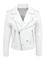 White leather biker jacket with asymmetric zip front, wide lapels and buckled belt
