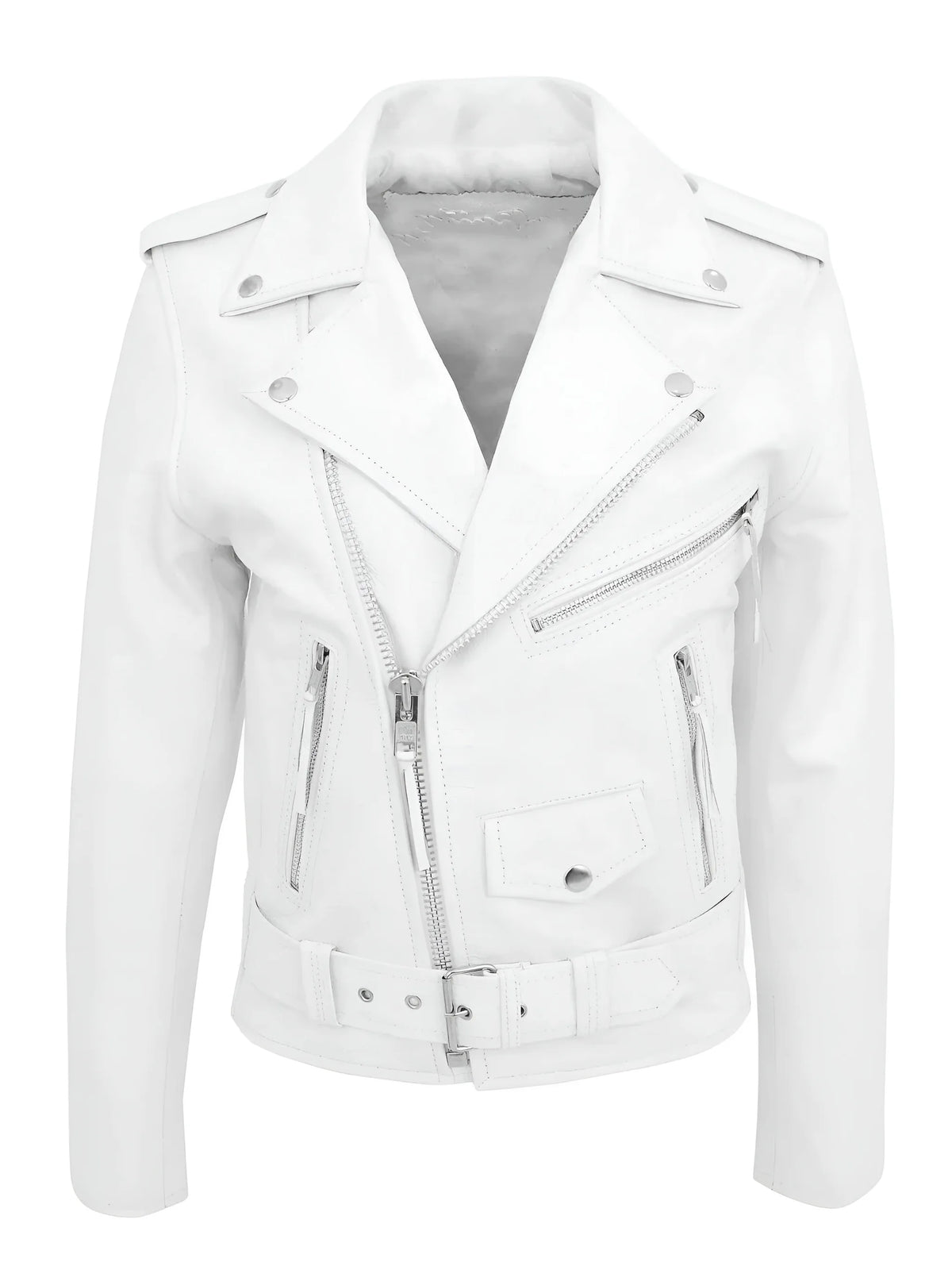 White leather biker jacket with asymmetric zip front, wide lapels and buckled belt