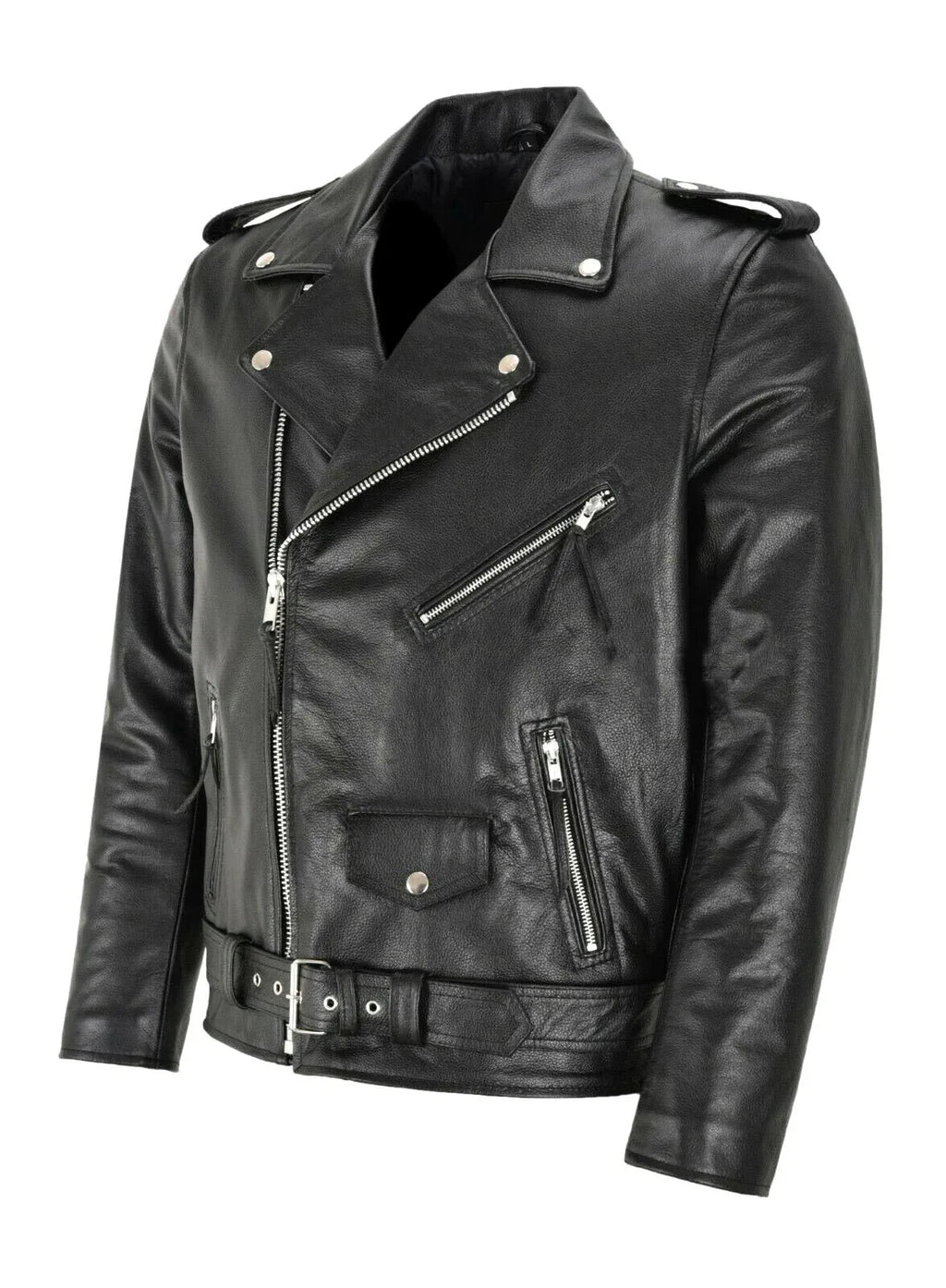 Side angle of the black leather biker jacket highlighting the fitted silhouette and belt buckle