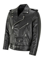 Side angle of the black leather biker jacket highlighting the fitted silhouette and belt buckle