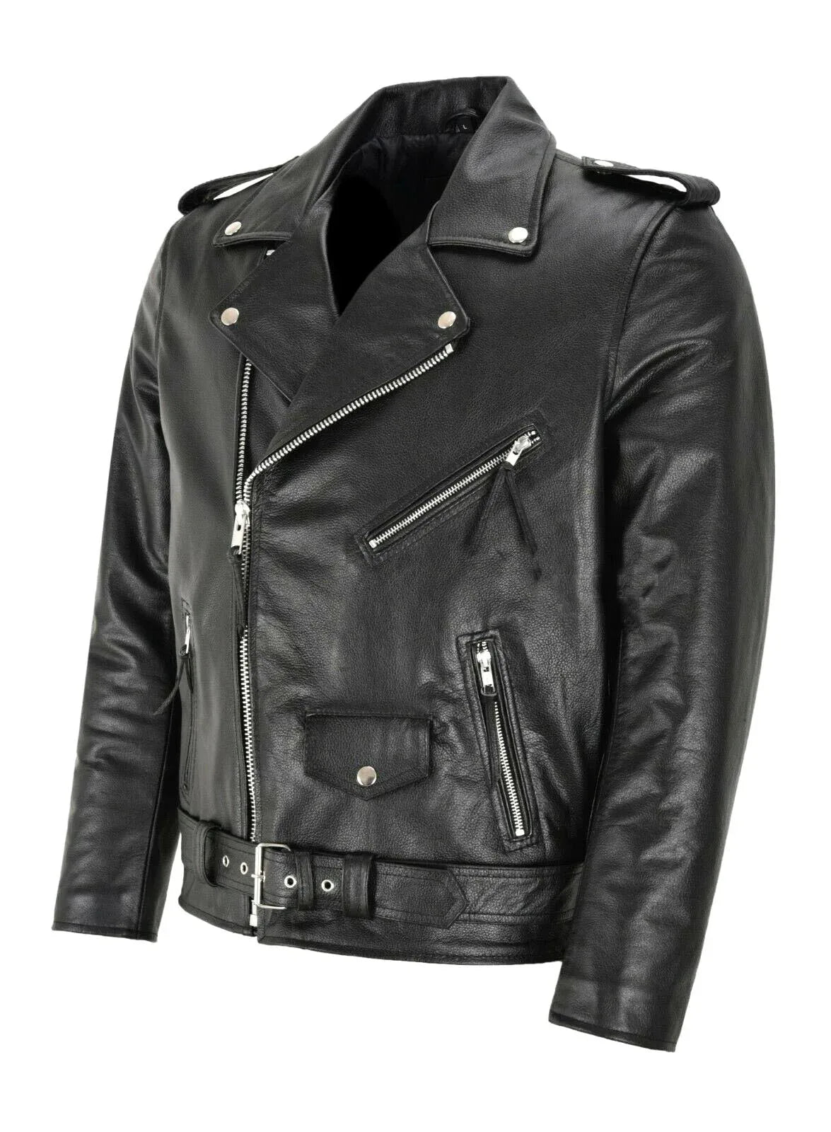 Side angle of the black leather biker jacket highlighting the fitted silhouette and belt buckle