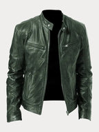 Front view of a men's green leather biker jacket, open with zip pockets and snap collar