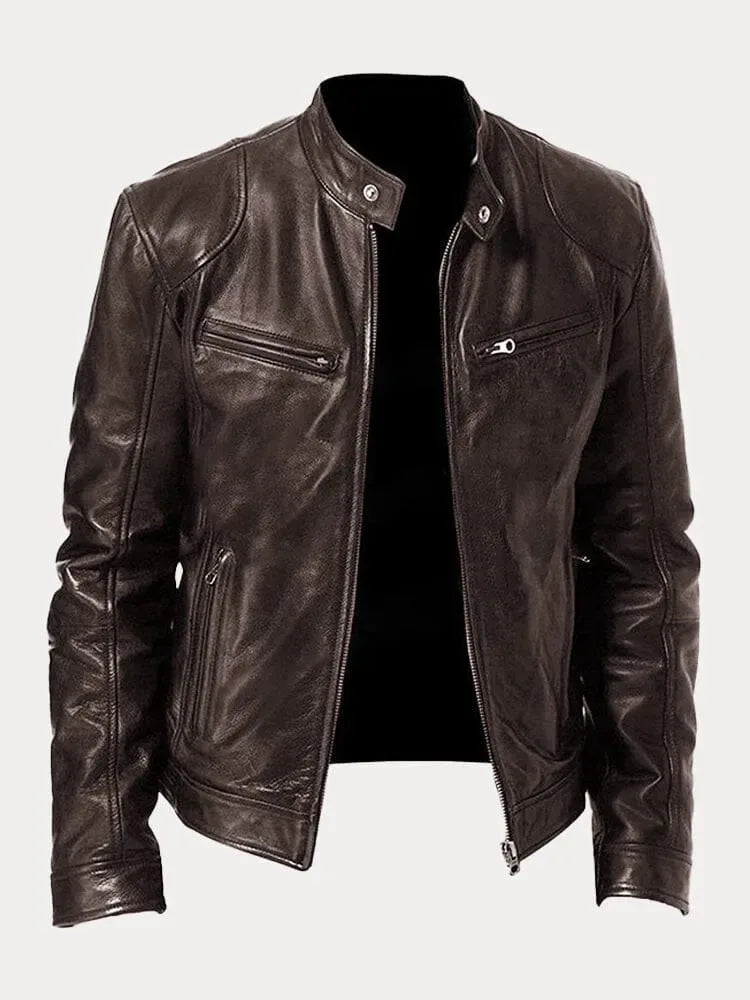 Side angle of a green leather jacket showing the zip cuff and sleeve seam detailing