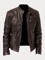 Side angle of a green leather jacket showing the zip cuff and sleeve seam detailing