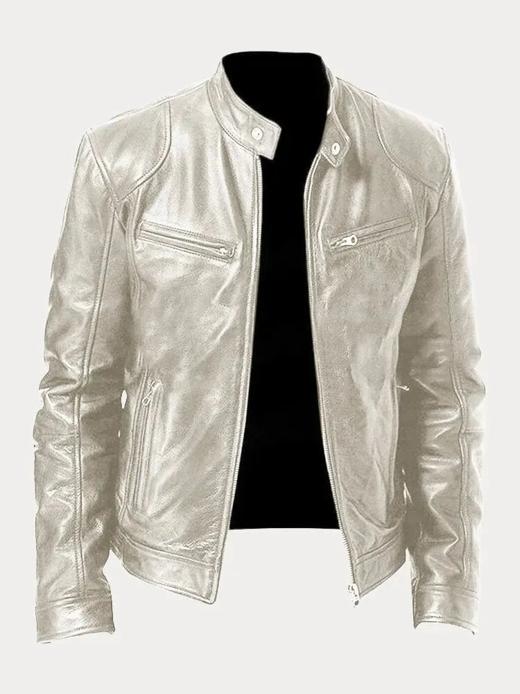 Front three-quarter view of a burgundy leather jacket on a mannequin form