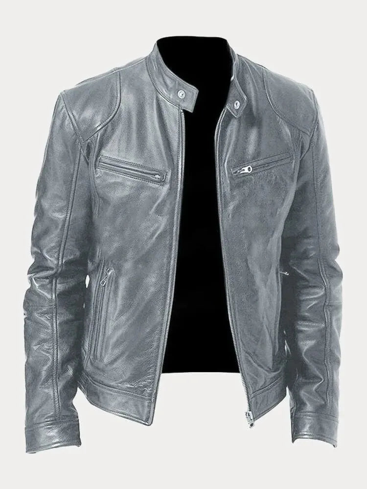Close-up of the zip pocket and press-stud collar on a brown leather biker jacket