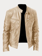 Front view of a navy leather jacket showing the asymmetric zip and slim fit