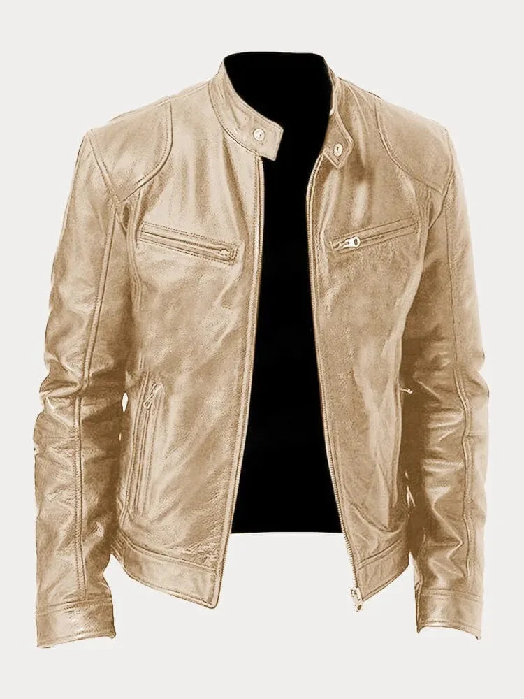 Front view of a navy leather jacket showing the asymmetric zip and slim fit