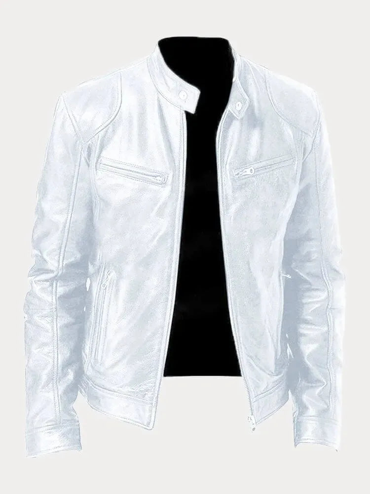 Close-up of the hem adjuster tab and press studs on a leather biker jacket