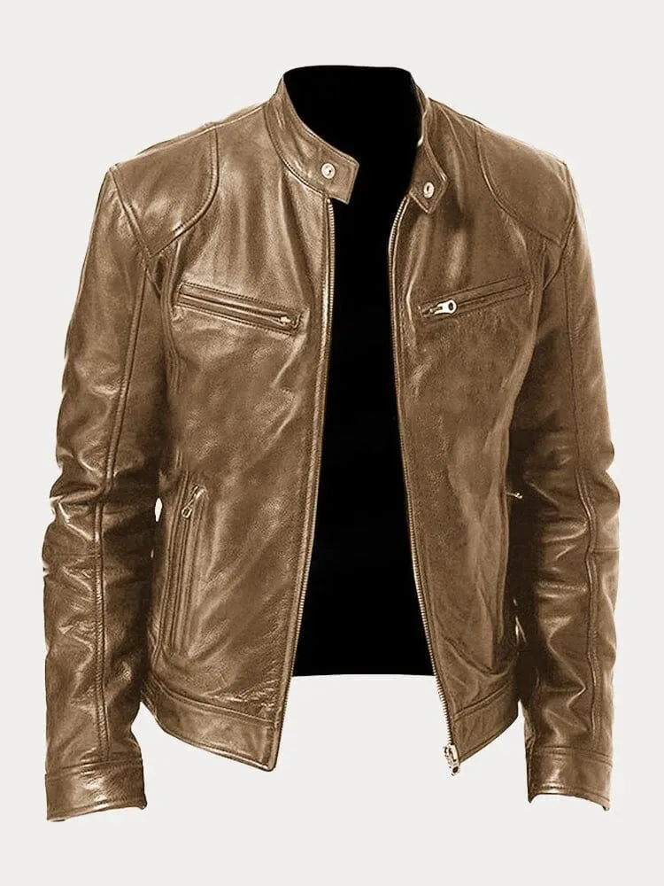 Front view of a grey leather biker jacket showing the stand collar and chest pockets