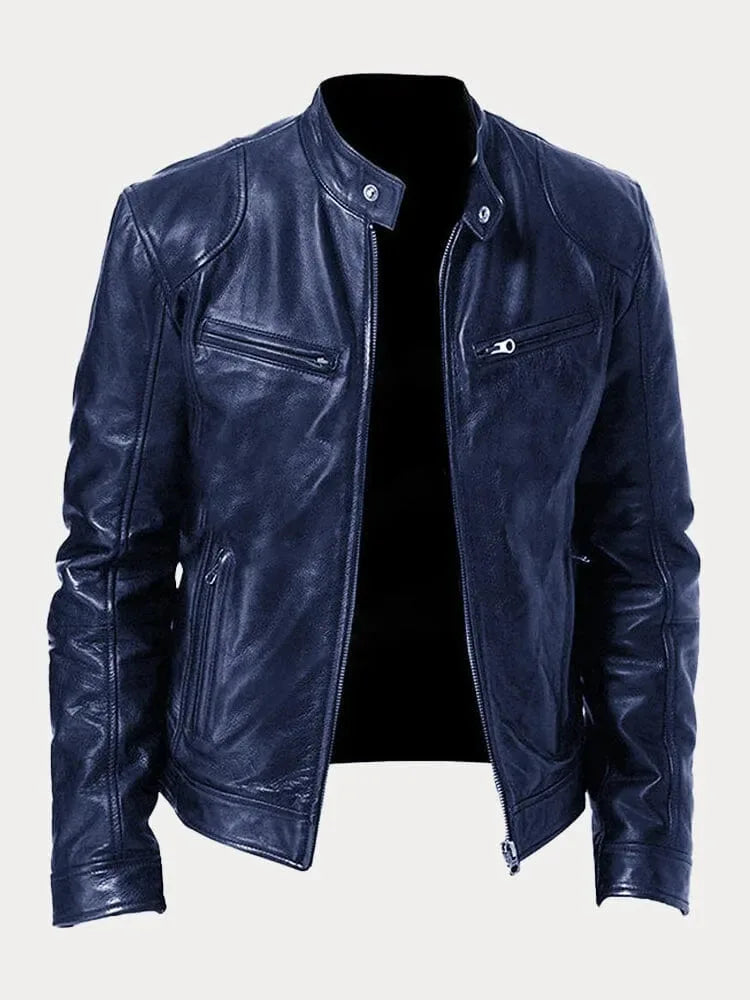 Full front view of a black leather jacket laid out showing overall silhouette and zip detailing