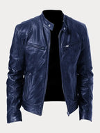 Full front view of a black leather jacket laid out showing overall silhouette and zip detailing