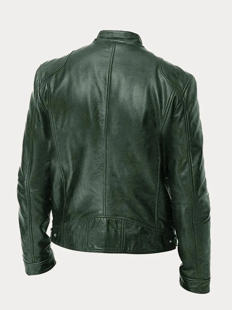 Back view of a green leather biker jacket highlighting shoulder panelling and stitching