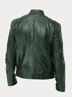 Back view of a green leather biker jacket highlighting shoulder panelling and stitching