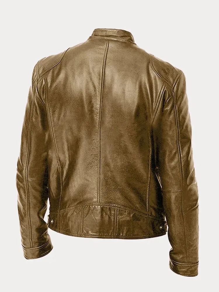 Back view of a brown leather biker jacket showing the smooth grain and cropped hem