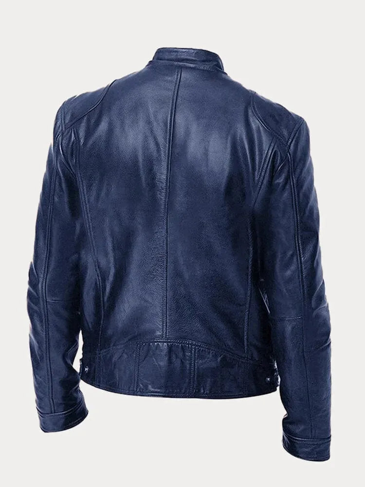 Back view of a navy blue leather biker jacket with centre back seam and snug cuffs