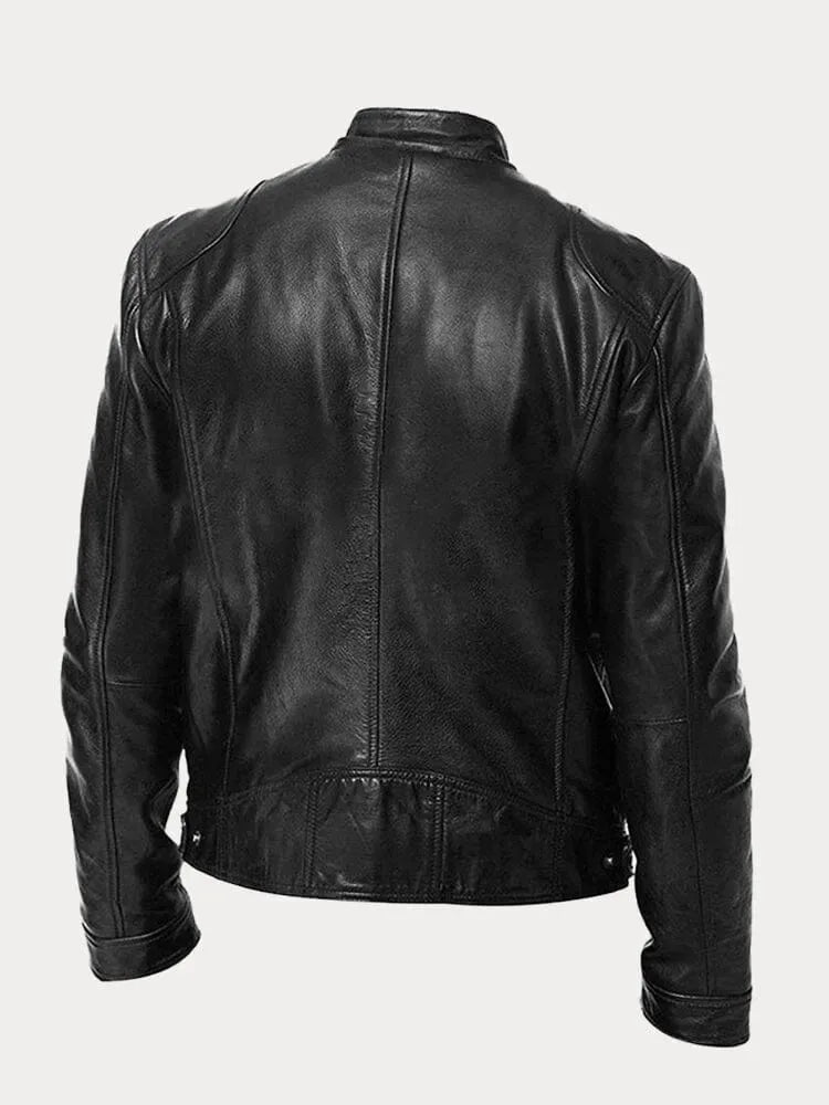 Back view of a black leather biker jacket highlighting the classic moto silhouette