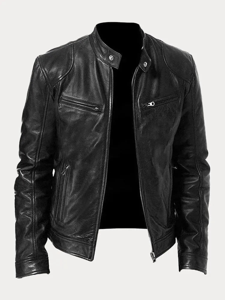 Front view of a black leather biker jacket, unzipped, showing chest zip pockets and stand collar
