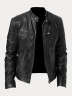 Front view of a black leather biker jacket, unzipped, showing chest zip pockets and stand collar