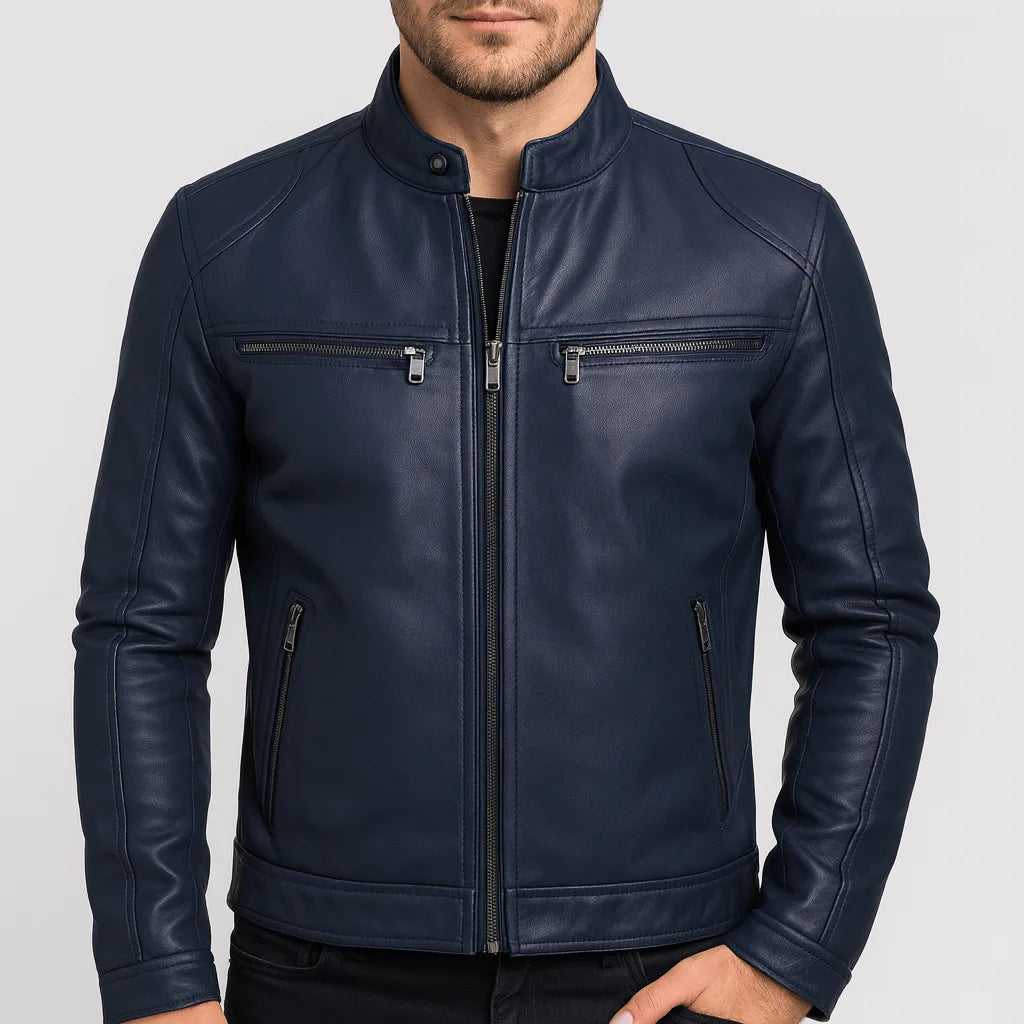 Navy blue leather biker jacket with twin chest zips and ribbed stand collar, shown buttoned at the neck