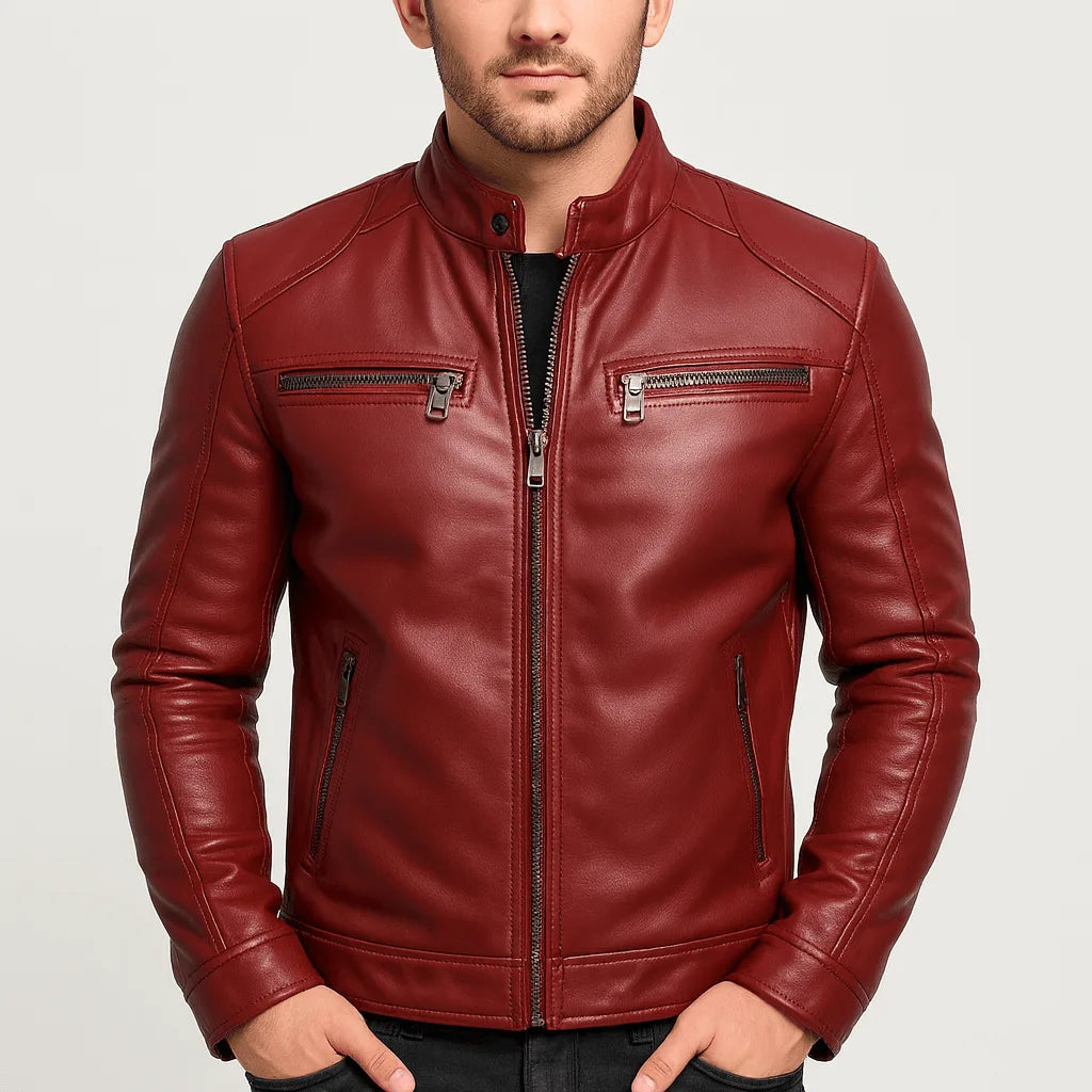 Burgundy leather motorcycle jacket with stand collar and front zip fastening, paired with a black t-shirt and jeans