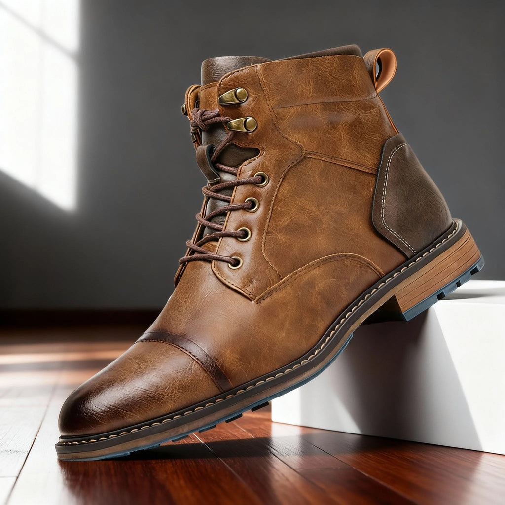 Side view of saddle brown leather cap-toe combat boot with brass lace hooks and contrast heel panel